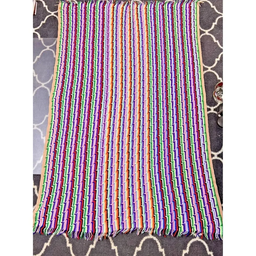 Vintage Handmade Multi Color Retro Stripe Crochet Afghan Throw Blanket 79 